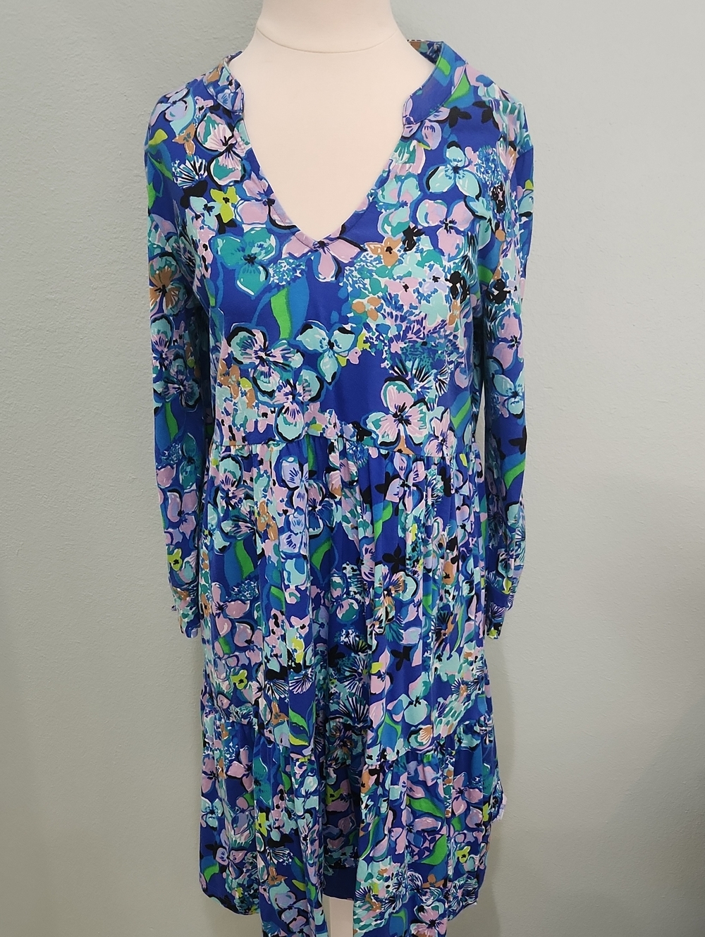 Lilly Pulitzer Blue Multi Floral V-Neck Long Sleeve Dress 3/4 Sleeve